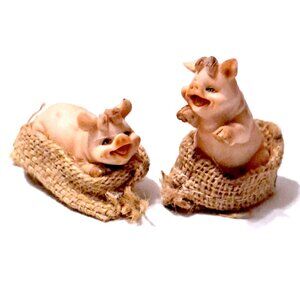 Vintage Ceramic Pig Figurines — Adorable Mama Pig & Baby Pigs in Burlap Sacks (S